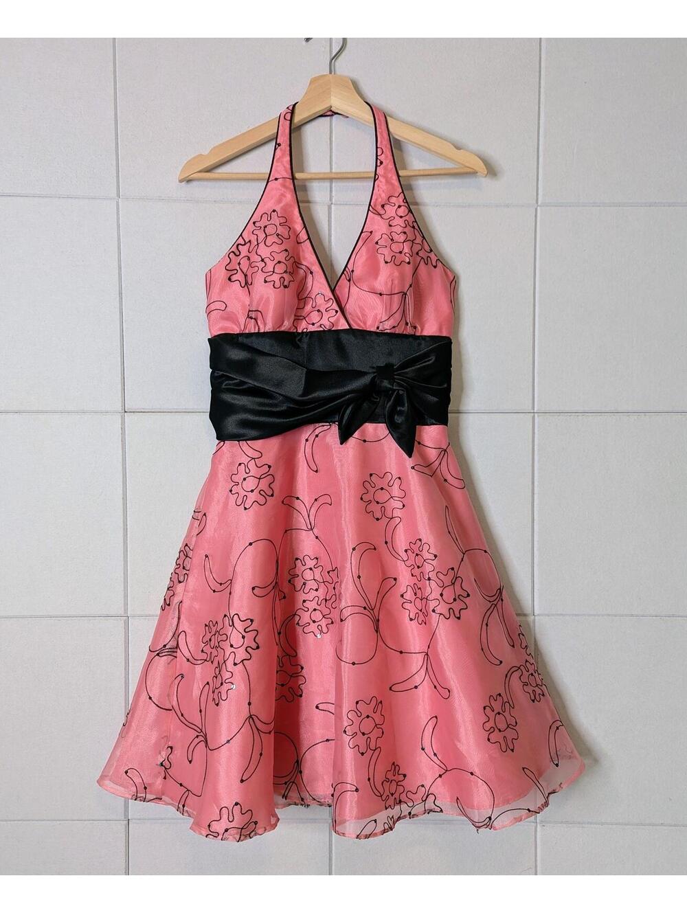 Vintage 80s-90s retro floral line drawing halter flare formal dress